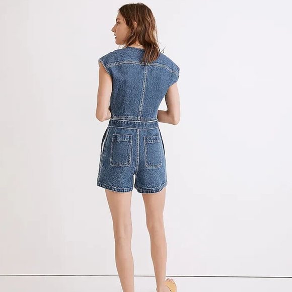 Madewell Zip-Front Denim Romper Women 6 NWT V-neck Pockets Sleeveless NE766 - Picture 11 of 12